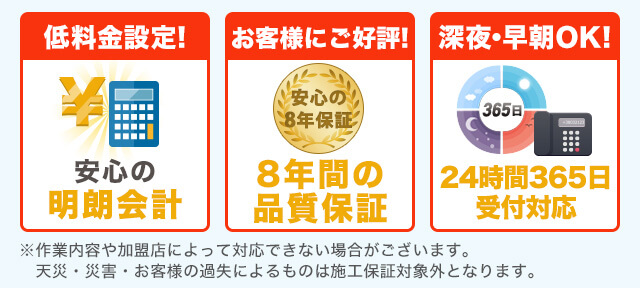 低料金設定! 安心の明朗会計 お客様にご好評! 8年間の品質保証 深夜・早朝OK! 24時間365日受付対応