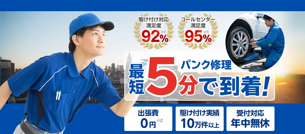 パンク修理 最短5分で到着! 駆け付け対応満足度92% コールセンター満足度95% 出張費0円 駆け付け実績10万件以上 受付対応年中無休