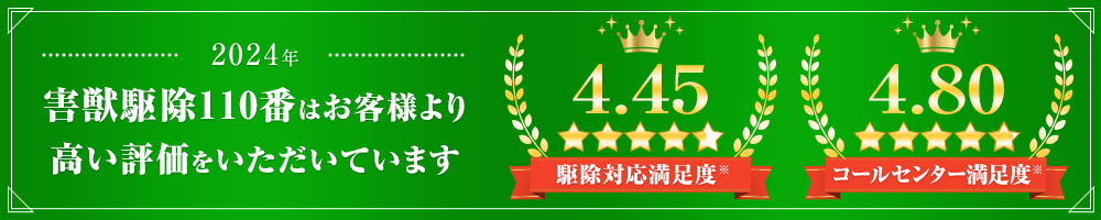 害獣駆除110番はお客様より高い評価をいただいています 駆除対応満足度4.45/5 コールセンター満足度4.80/5