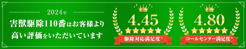 害獣駆除110番はお客様より高い評価をいただいています 駆除対応満足度4.45/5 コールセンター満足度4.80/5