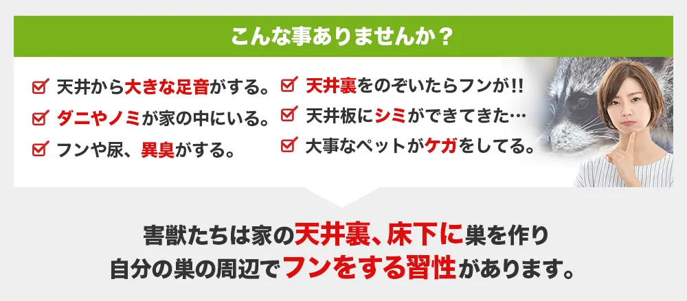 こんな事ありませんか?・天井から大きな足音がする・ダニやノミが家の中にいる・フンや尿、悪臭がする・天井裏を覗いたらフンが!!・天井板にシミができてきた…・大事なペットがケガをしている