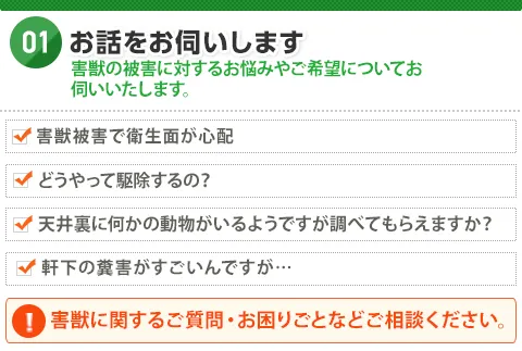 01.お話をお伺いします：害獣の被害に対するお悩みやご希望についてお伺いいたします。深夜・早朝でもご遠慮なくお電話ください！通話料無料、24時間365日、日本全国対応中！0120-949-085