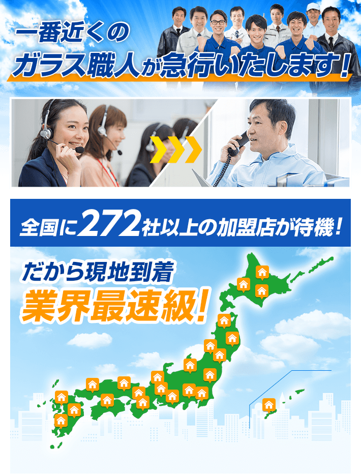 一番近くのガラス職人が急行いたします！全国に272社以上の加盟店が待機！ だから現地到着 業界最速級！！
