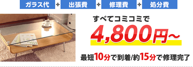 ガラス家具の修理・交換 ガラス代+出張費+修理費+処分費 すべてコミコミ 最短10分で到着/約15分で修理完了