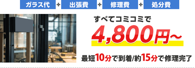 厚手ガラスの修理・交換 ガラス代+出張費+修理費+処分費 すべてコミコミ 最短10分で到着/約15分で修理完了