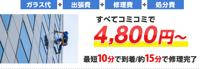 高所窓ガラスの修理・交換 ガラス代+出張費+修理費+処分費 すべてコミコミ 最短10分で到着/約15分で修理完了