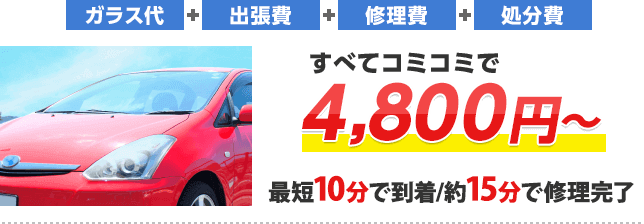 フロントガラスの修理・交換 ガラス代+出張費+修理費+処分費 すべてコミコミ 最短10分で到着/約15分で修理完了