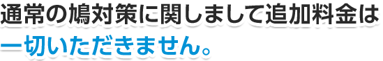 通常の鳩対策に関しまして追加料金は一切いただきません。鳩対策や被害予防が必要な場合、正式なお見積りをご提示いたします。