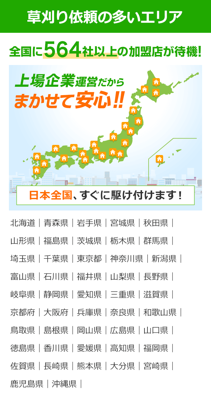 草刈り依頼の多いエリア 全国に564社以上の加盟店が待機！ 上場企業運営だからまかせて安心！！ 日本全国、すぐに駆けつけます！