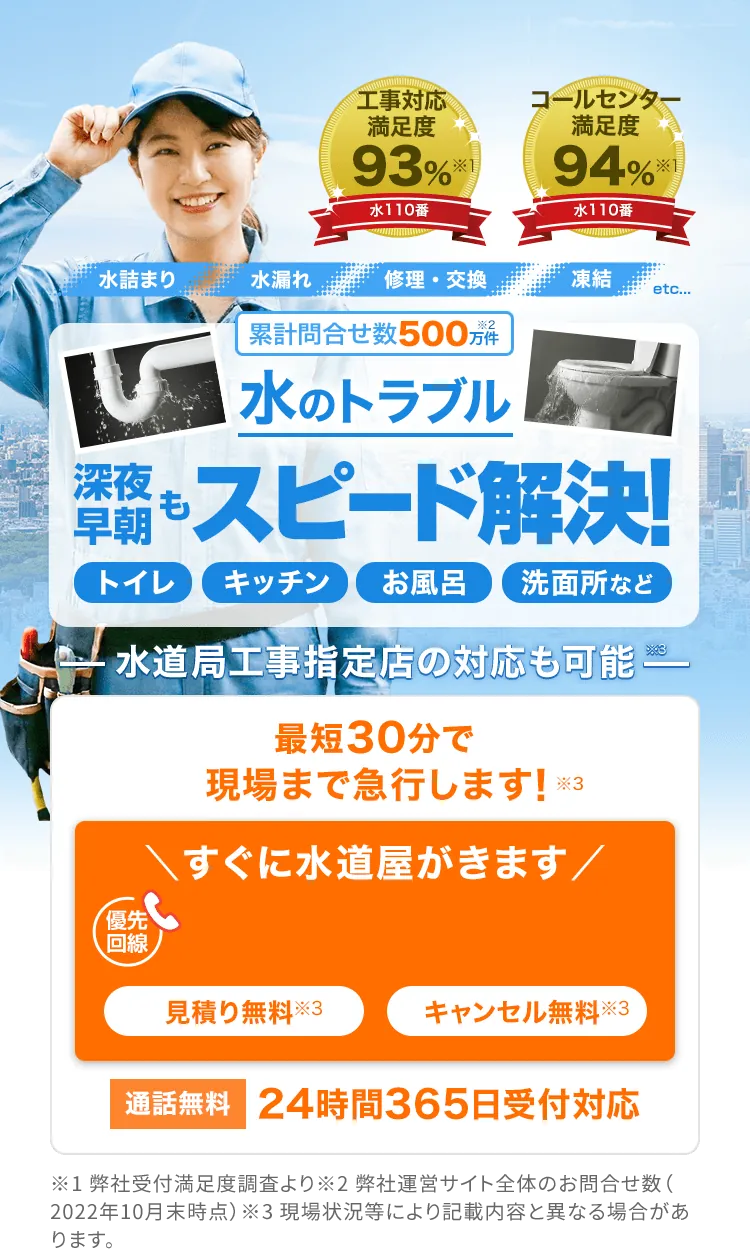 トイレ・風呂・洗面・キッチンなど 水のトラブル 累計問合せ数500万件（弊社運営サイトの累計問合せ件数）
