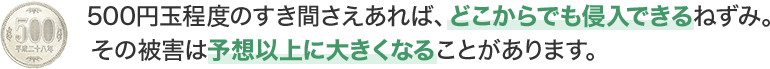 500円程度のすき間さえあれば、どこからでも侵入できるねずみ。その被害は予想以上に大きくなることがあります。