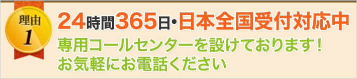 理由1 24時間365日・日本全国受付対応中 専用コールセンターで24時間受付しております。